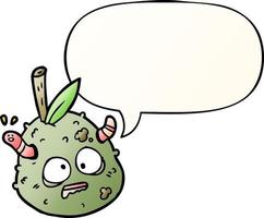 cartoon rotting old pear and worm and speech bubble in smooth gradient style vector