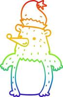 rainbow gradient line drawing cartoon bear wearing christmas hat vector