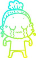 cold gradient line drawing cartoon crying old lady vector