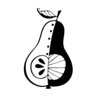 Pear doodle hand drawn black outline logo icon silhouette one closeup, isolated, white background. vector