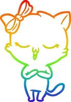 rainbow gradient line drawing cartoon cat with bow on head vector