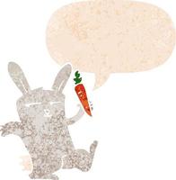 conejo de dibujos animados con zanahoria y burbuja de habla en estilo retro texturizado vector