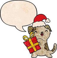 cute cartoon puppy and christmas present and hat and speech bubble in retro texture style vector