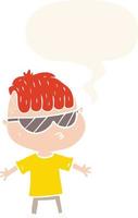 niño de dibujos animados con gafas de sol y burbujas de habla en estilo retro vector