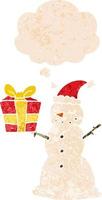 cartoon snowman with present and thought bubble in retro textured style vector