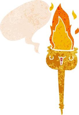 cartoon flaming torch and speech bubble in retro textured style