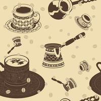 Editable Flat Monochrome Turkish Coffee Vector Illustration and Coffee Beans Silhouette as Seamless Pattern for Creating Background of Cafe or Coffee Industry and Ottoman Turkish Culture Design
