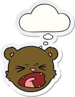 cute cartoon teddy bear face and thought bubble as a printed sticker vector