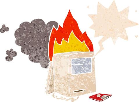 cartoon broken computer and speech bubble in retro textured style vector