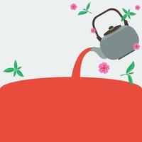 Editable Pouring Japanese Tea from Kettle Vector Illustration with Sakura Flower in Flat Style for Text Background