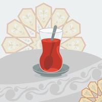 Editable A Typical Glass Mug of Turkish Tea on Table with Pattern Vector Illustration for Tea Shop or Ottoman Turkish Culture and Tradition Related Projects