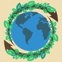 Editable Globe Vector with Two Spinning Arrows and Leaves in Flat Style for Earth Day or Green Life Environment Related Illustration
