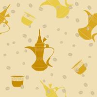 Editable Traditional Typical Arab Coffee Dallah Pot and Finjan Cups with Beans in Flat Vector Illustration as Seamless Pattern for Creating Background of Middle Eastern Style Cafe Related Design