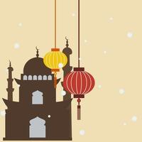 Editable Acculturation Culture of Ramadan Flat Vector Illustration Background with Chinese Style of Mosque Silhouette and Lampion