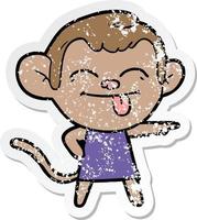 distressed sticker of a funny cartoon monkey pointing vector