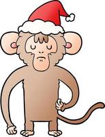 gradient cartoon of a monkey scratching wearing santa hat vector