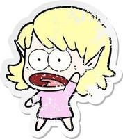 distressed sticker of a cartoon shocked elf girl vector