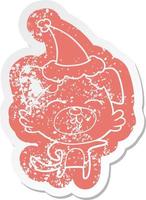 cartoon distressed sticker of a dog pointing wearing santa hat vector