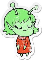 distressed sticker of a smiling alien girl cartoon vector