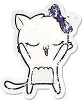 distressed sticker of a cartoon cat with bow on head vector