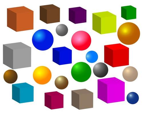 multicolored balls and squares on a white background