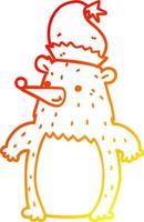 warm gradient line drawing cartoon bear wearing christmas hat vector