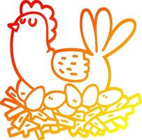 warm gradient line drawing cartoon chicken on nest of eggs vector