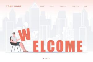 Welcome landing page. A man sits and holds the letter W in his hands. The initial page for the site. Trendy cartoon character. Vector illustration.