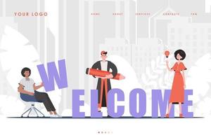 Welcome Landing Page Diverse Team of People Home page for your website. trendy style. Previous illustration. vector