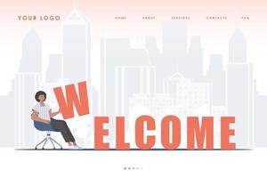 Welcome landing page. A man sits and holds the letter W in his hands. The start page of the site. Trendy flat style. Vector illustration.