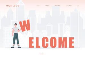 Welcome landing page. A man stands and holds the letter W in his hands. The initial page for the site. Cartoon style character. Vector illustration.