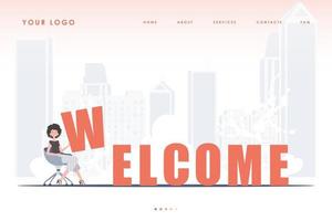 Welcome landing page. The girl sits and holds the letter W in her hands. The initial page for the site. Cartoon style character. Vector illustration.