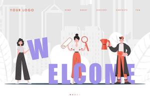 Welcome landing page diverse team of people Creative start page for website. Cartoon character style. Previous illustration. vector