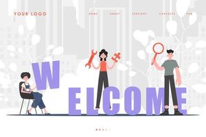 Welcome Landing Page Diverse Team of People Home page for website. Cartoon character style. Previous illustration. vector