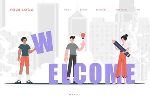 Welcome landing page diverse team of people Creative start page for website. Trendy character style. Previous illustration. vector