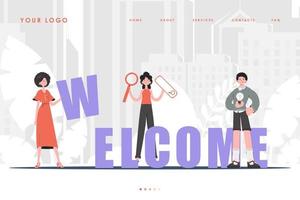 página de inicio de bienvenida equipo diverso de personas página de inicio para su sitio web. estilo de personaje de dibujos animados. ilustración anterior. vector