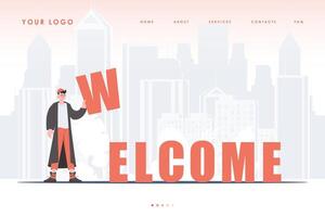 Welcome landing page. A man stands and holds the letter W in his hands. The initial page for the site. Trendy cartoon character. Vector illustration.