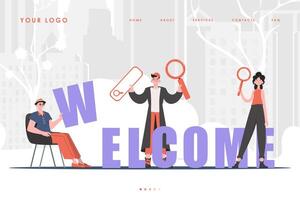 Welcome Landing Page Diverse Team of People Website Start Page. Cartoon character style. . vector