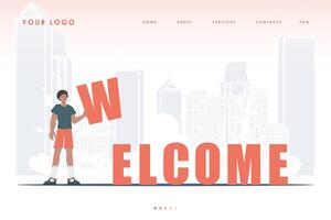 Welcome landing page. A man stands and holds the letter W in his hands. The initial page for the site. Trend style character. illustration. vector