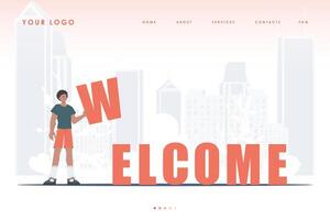 Welcome landing page. A man stands and holds the letter W in his hands. The initial page for the site. Trend style character. Vector illustration.