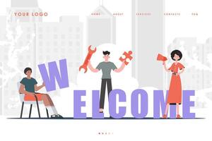 Welcome Landing Page Diverse Team of People Website Start Page. Trendy character style. Previous illustration. vector