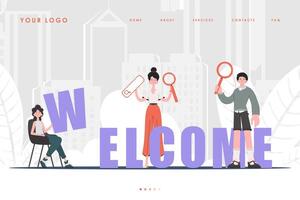 Welcome Landing Page Diverse Team of People Home page for website. Trendy flat style. Previous illustration. vector