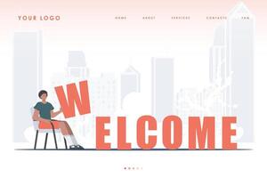 Welcome landing page. A man sits and holds the letter W in his hands. The initial page for the site. Trendy flat style. illustration. vector