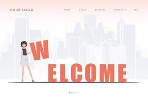 Welcome landing page. The girl stands and holds the letter W in her hands. The start page of the site. trendy style. Vector illustration.