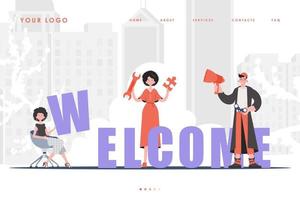 Welcome Landing Page Diverse Team of People Home page for website. trendy style. Previous illustration. vector