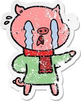 distressed sticker of a crying pig cartoon wearing human clothes vector