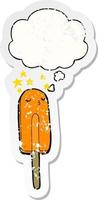 cartoon ice lolly and thought bubble as a distressed worn sticker vector