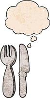 cartoon knife and fork and thought bubble in grunge texture pattern style vector