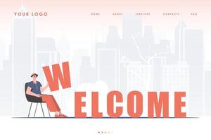 Welcome landing page. A man sits and holds the letter W in his hands. The start page of the site. Trend style character. Vector illustration.