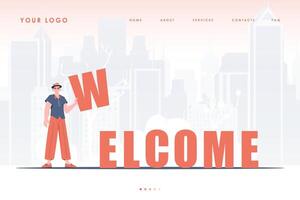 Welcome landing page. A man stands and holds the letter W in his hands. The initial page for the site. trendy style. Vector illustration.